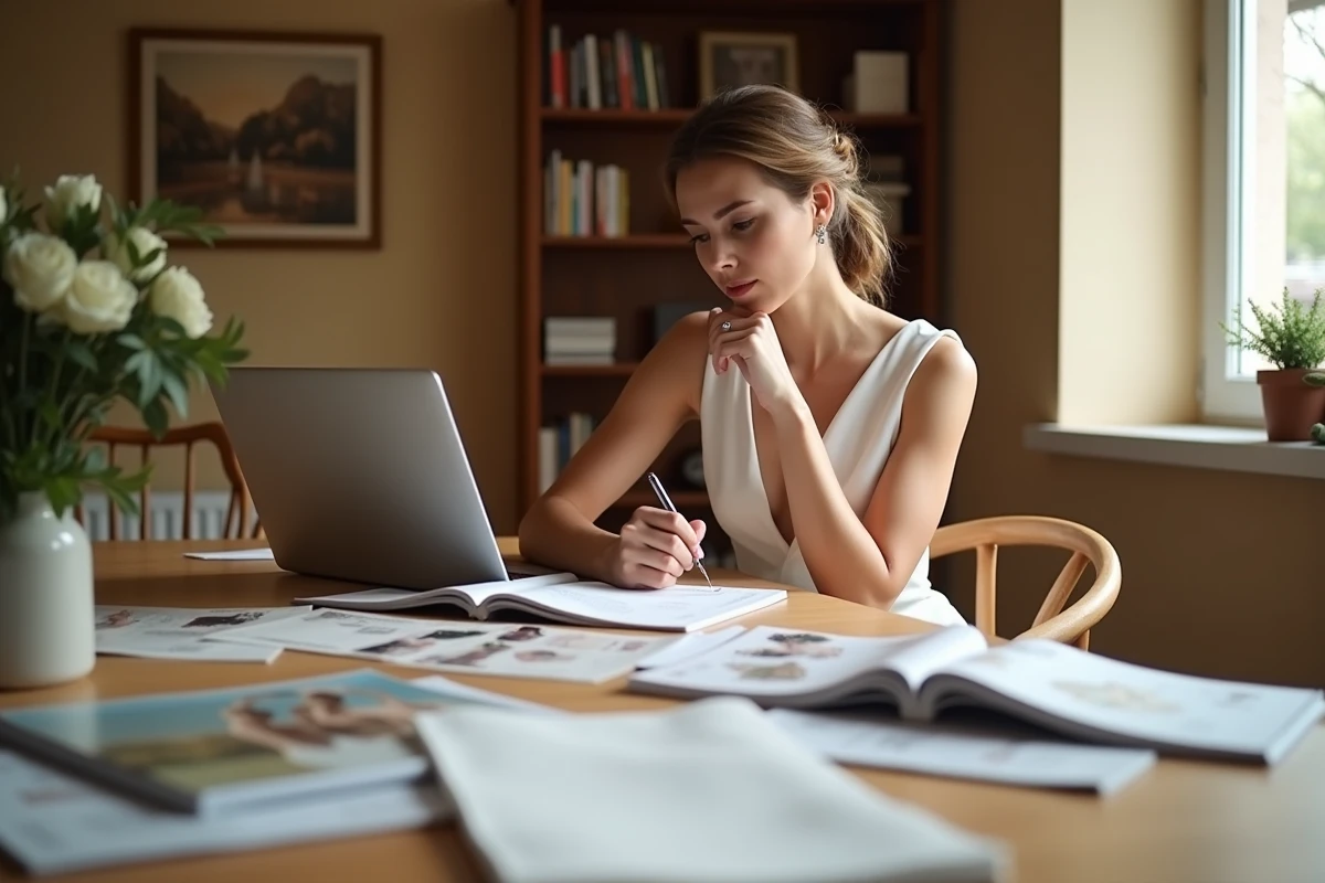 Future mariée comparant des robes de mariage sur ordinateur avec des magazines et notes de budget