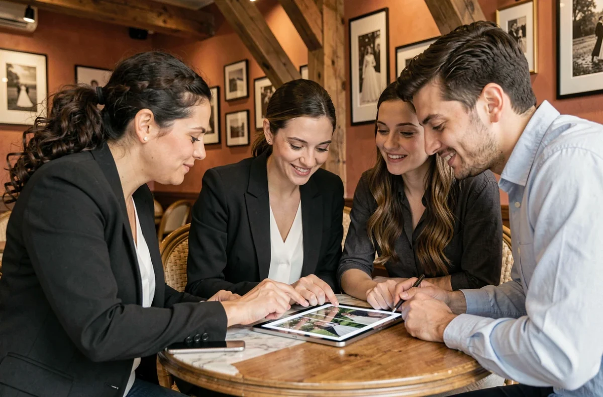 Photographe de mariage en consultation avec un couple de futurs mariés dans un café à Versailles