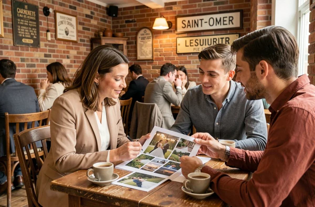 Photographe de mariage en consultation avec un couple pour réserver ses services à Saint-Omer