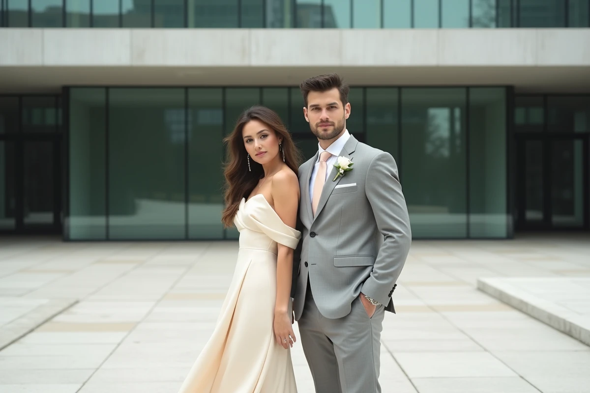 Couple de mariés en tenues assorties champagne et gris dans un cadre urbain contemporain