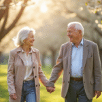 Couple âgé marchant main dans la main dans un parc en fleurs