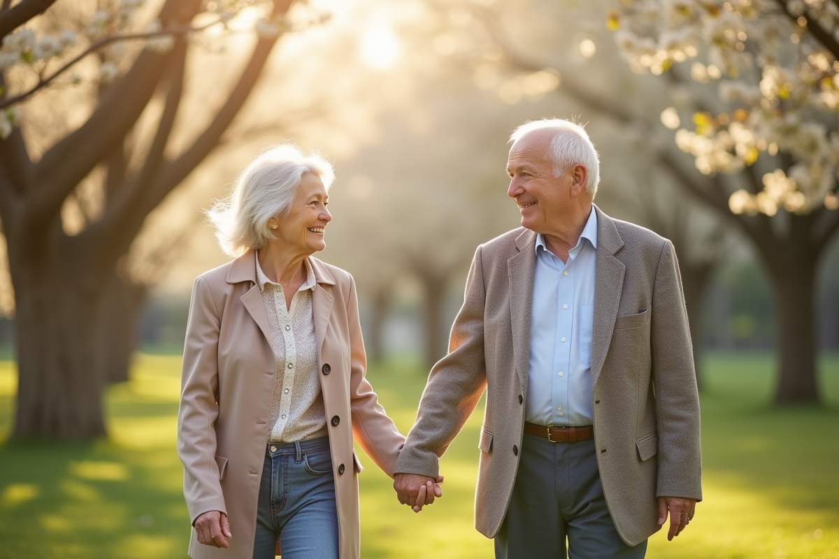 Couple âgé marchant main dans la main dans un parc en fleurs