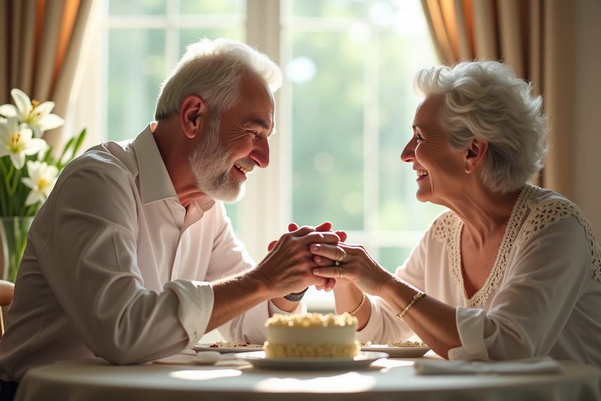 Couple d'anciens échangeant des alliances lors d'un dîner