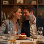 Couple souriant lors d un dîner d anniversaire à la maison