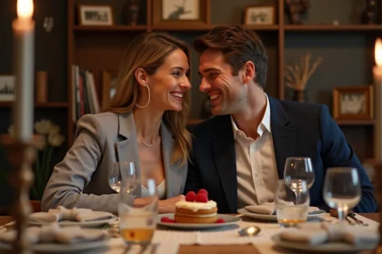 Couple souriant lors d un dîner d anniversaire à la maison