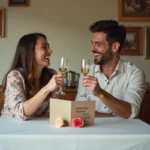 Couple dans la trentaine riant ensemble autour d'une table en lisant une carte d'anniversaire de mariage humoristique