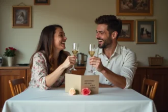 Couple dans la trentaine riant ensemble autour d'une table en lisant une carte d'anniversaire de mariage humoristique