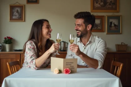 Couple dans la trentaine riant ensemble autour d'une table en lisant une carte d'anniversaire de mariage humoristique