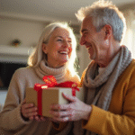 Couple souriant échangeant des cadeaux dans un salon lumineux