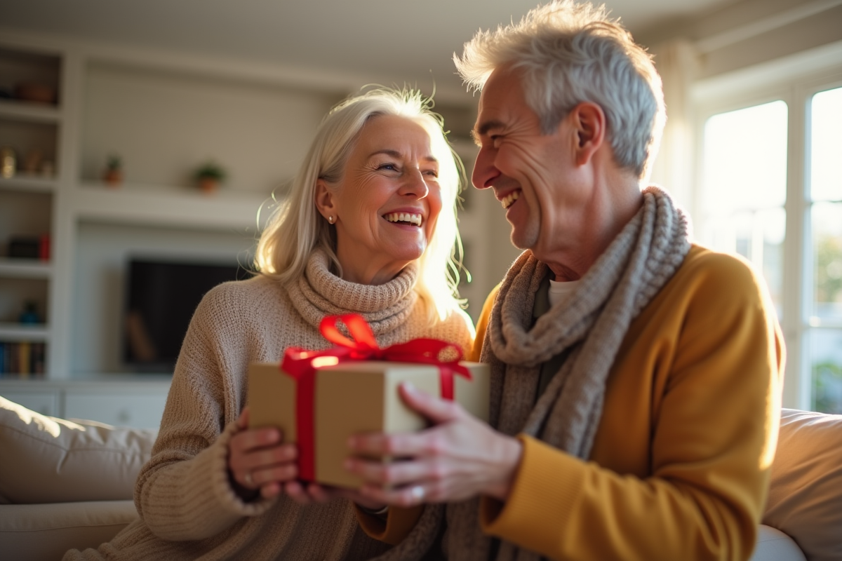 Couple souriant échangeant des cadeaux dans un salon lumineux
