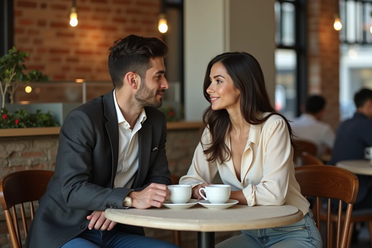 Couple en tenue élégante assis dans un café parisien, échangeant des confidences intimes autour d'une table en bois, atmosphère feutrée et romantique
