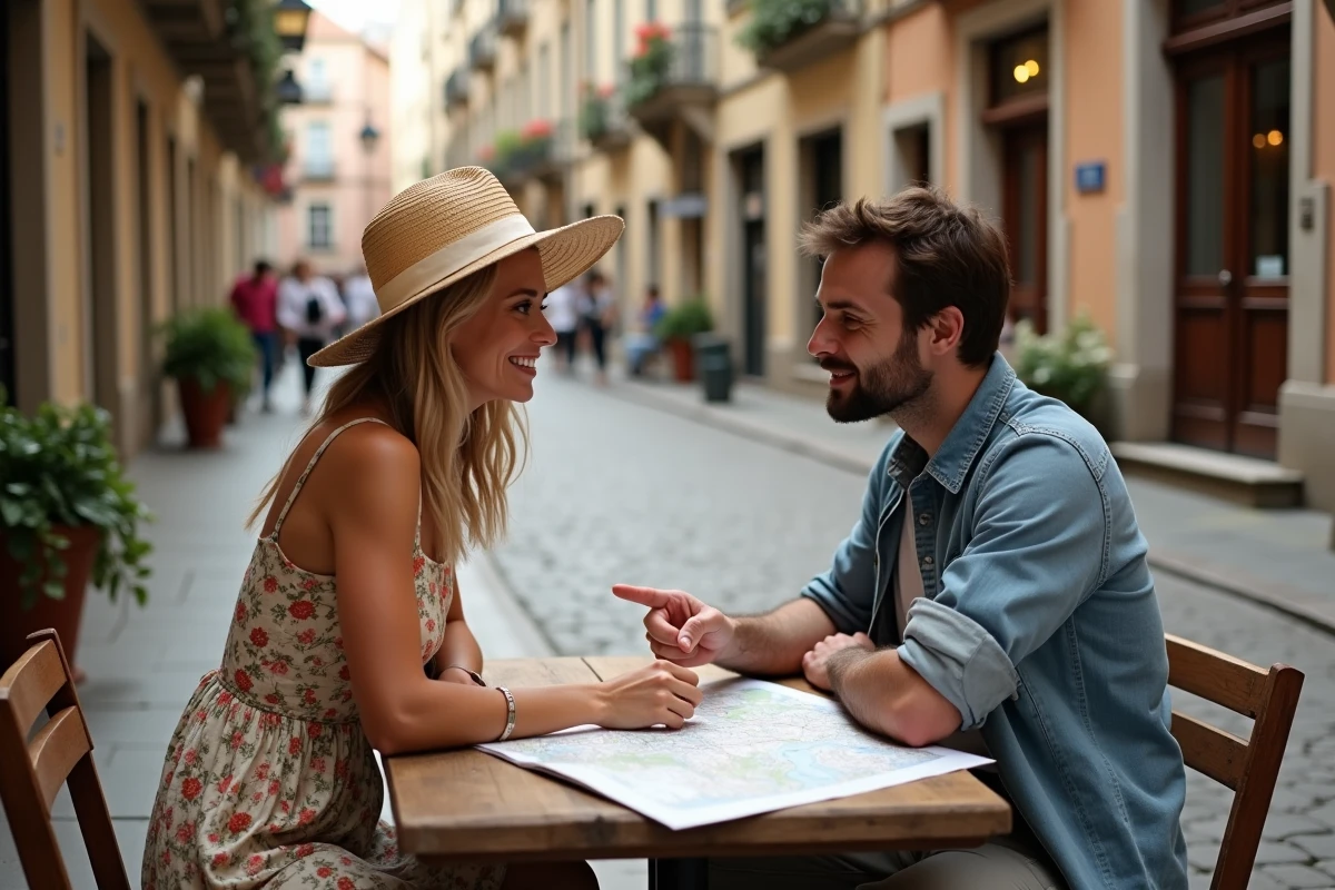 Femme et son mari consultant une carte dans un café de rue européen pavé pendant leurs vacances
