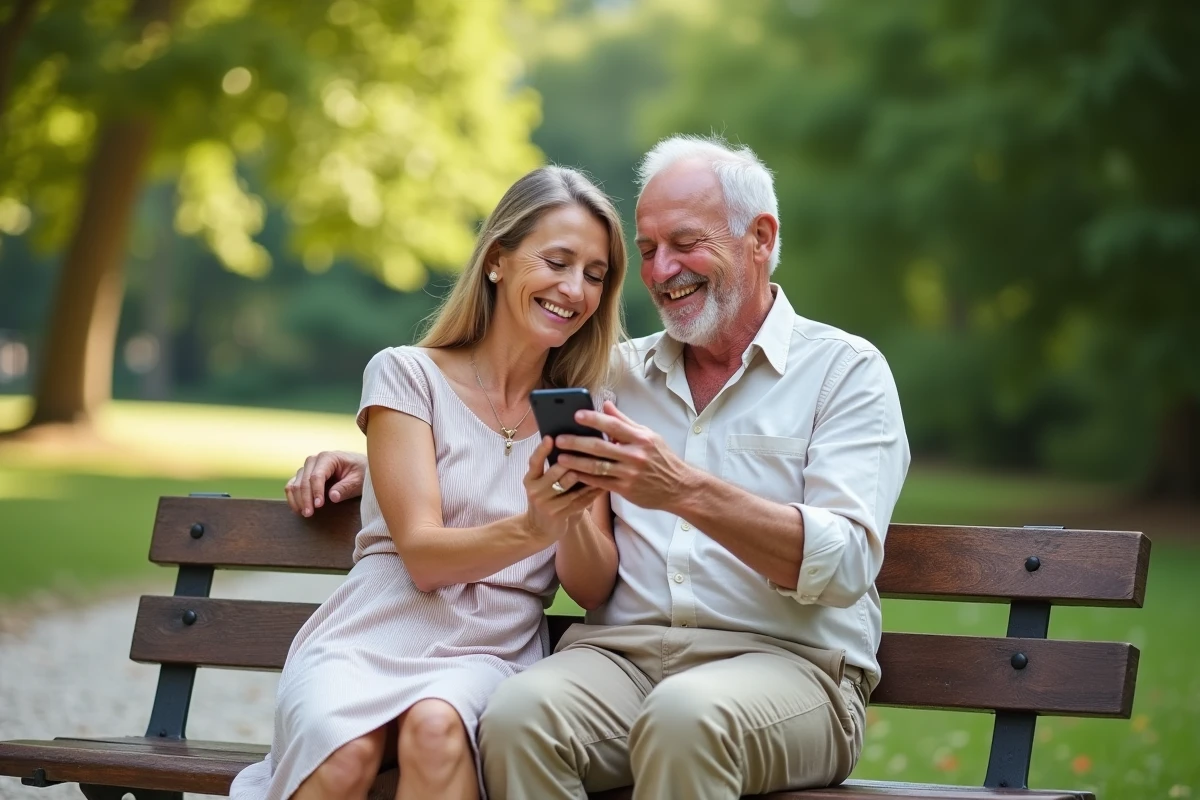 Couple de cinquantenaires souriant sur un banc de parc en lisant un message d'anniversaire de mariage drôle sur un téléphone