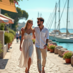 Jeune couple souriant en promenade en bord de mer