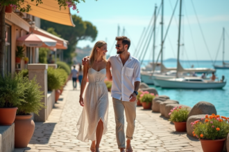 Jeune couple souriant en promenade en bord de mer