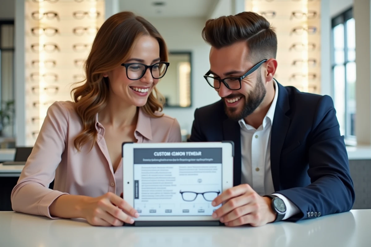 Couple en consultation dans une opticerie moderne comparant des montures de lunettes personnalisées pour leur mariage avec un tableau de prix