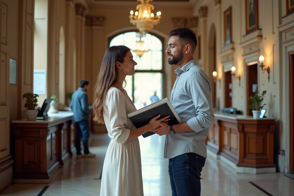 Couple déposant un dossier de mariage au guichet d'une mairie française