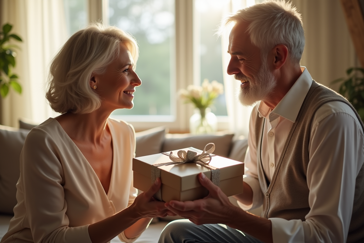 Couple d'âge moyen échangeant un cadeau dans un salon lumineux