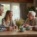 Jeune couple expliquant le concept de mariage laïque à leurs parents réunis autour d'une table familiale