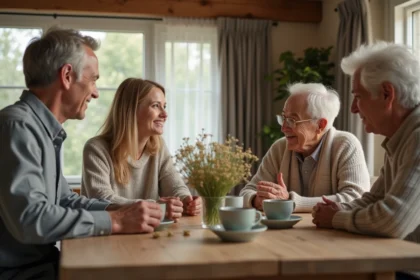 Jeune couple expliquant le concept de mariage laïque à leurs parents réunis autour d'une table familiale