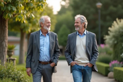Homme français souriant dans un jardin luxuriant