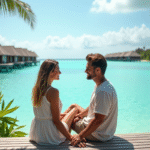Jeune couple souriant sur une terrasse face au lagon tropical