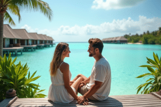 Jeune couple souriant sur une terrasse face au lagon tropical