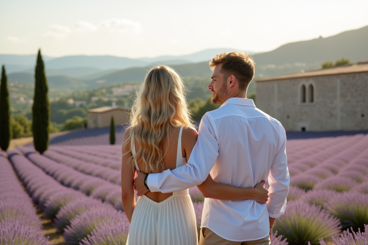 Jeune couple dans les champs de lavande en Provence