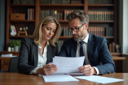 Couple d'adultes en réunion juridique dans un bureau élégant