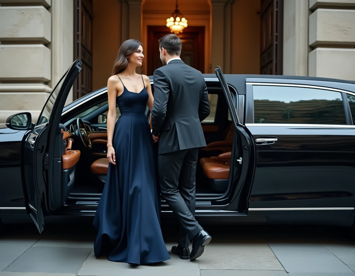Couple élégant descendant d'une limousine noire devant un opéra lors d'une location à forfait