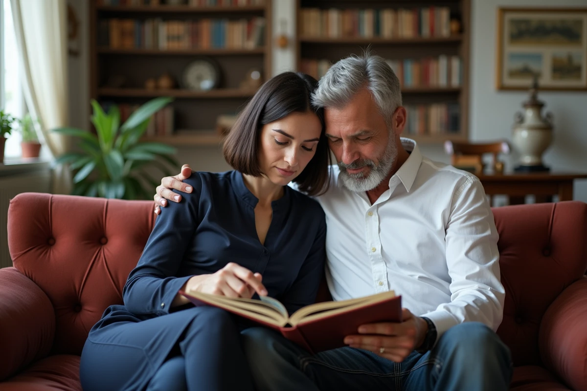 Couple élégant regardant un album photo dans un salon parisien