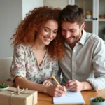 Couple souriant examinant une liste de cadeaux pour le PACS autour d'une table en bois décorée de paquets cadeaux et de fleurs sauvages