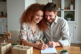 Couple souriant examinant une liste de cadeaux pour le PACS autour d'une table en bois décorée de paquets cadeaux et de fleurs sauvages
