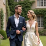 Couple élégant dans un jardin français pour un mariage