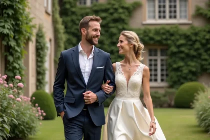 Couple élégant dans un jardin français pour un mariage