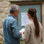 Couple devant le panneau d annonces de mariage à la mairie