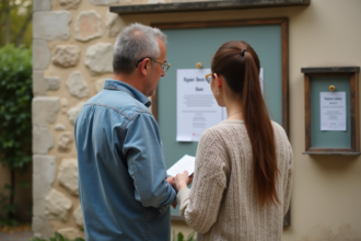Couple devant le panneau d annonces de mariage à la mairie