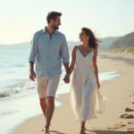 Jeune couple marié marche sur la plage ensoleillée