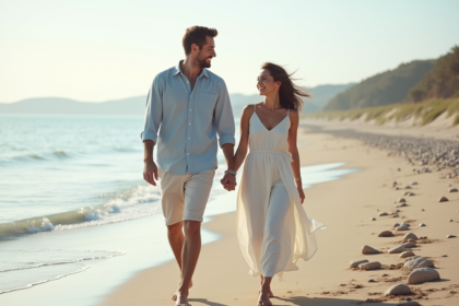 Jeune couple marié marche sur la plage ensoleillée