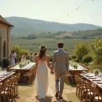 Jeune couple de mariés dans un domaine viticole en Gironde