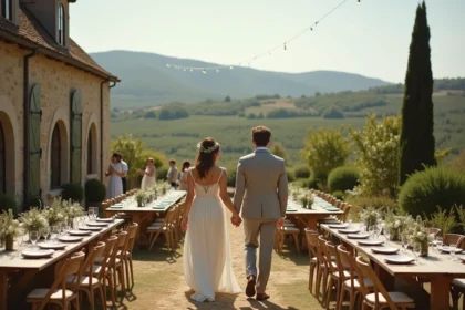 Jeune couple de mariés dans un domaine viticole en Gironde