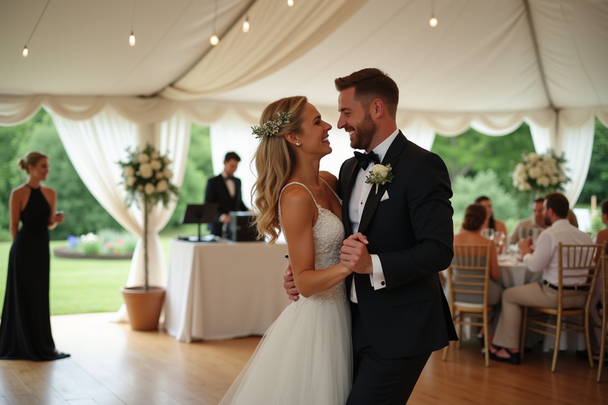 Jeune couple marié dansant avec DJ en arrière-plan en extérieur