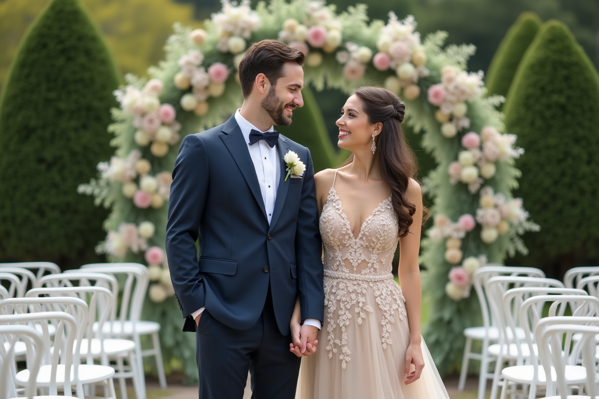 Couple en tenue chic dans un cadre de jardin extérieur