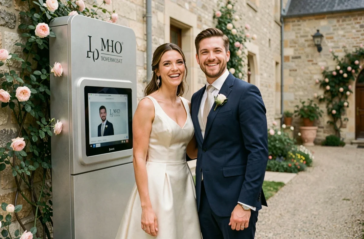 Couple de mariés posant devant une borne photobooth KRUU dans la cour d'un château lors de leur mariage