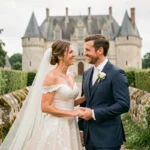 Couple de mariés devant un château normand du Calvados entouré de haies verdoyantes