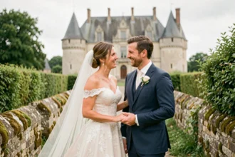 Couple de mariés devant un château normand du Calvados entouré de haies verdoyantes