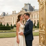 Couple de mariés devant les grilles dorées du château de Versailles lors d'une séance photo de mariage
