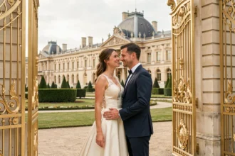 Couple de mariés devant les grilles dorées du château de Versailles lors d'une séance photo de mariage