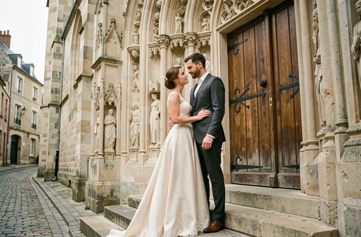 Couple de mariés devant l'église gothique de Saint-Omer lors de leur cérémonie de mariage