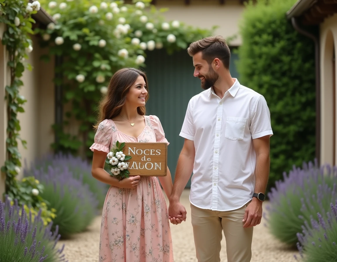 Jeune couple célébrant leurs noces de coton dans un jardin fleuri avec un panneau en bois décoratif